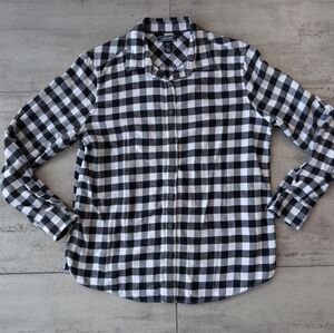 Land's End Women's Black White Plaid Button Up Flannel Shirt Size 14 Y2K